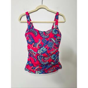 Talbots Hot Pink Paisley Tankini Top Side Ruching Size 8 Underwires No Padding